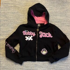 Bobby Jack Zip Up Graphic Black and Pink Sweatshirt Pirate Monkey Size Small Y2K
